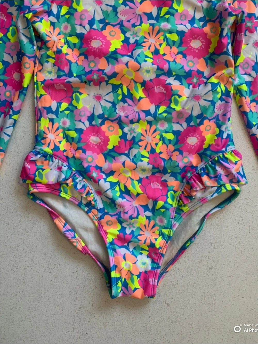 Cat & Jack Girls Large Colorful Flower Print Long Sleeve One Piece Swimsuit NWOT